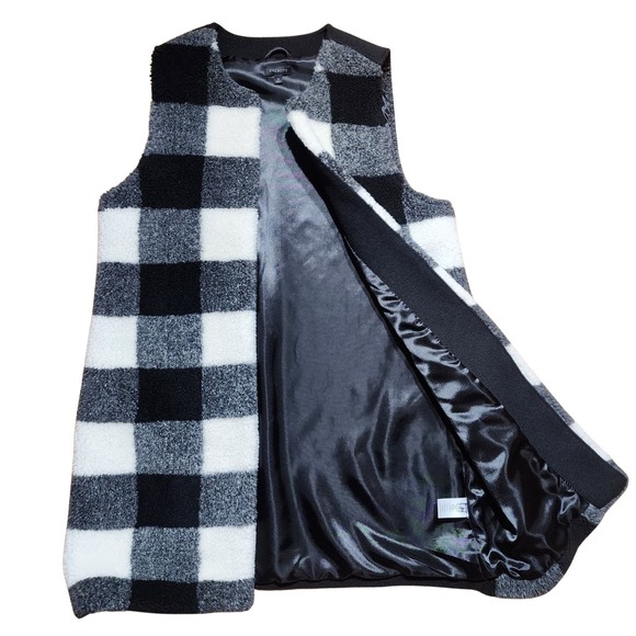 Talbots Wool Blend Buffalo Checkered Sherpa Long Lined Vest Black White Size S - Picture 2 of 10